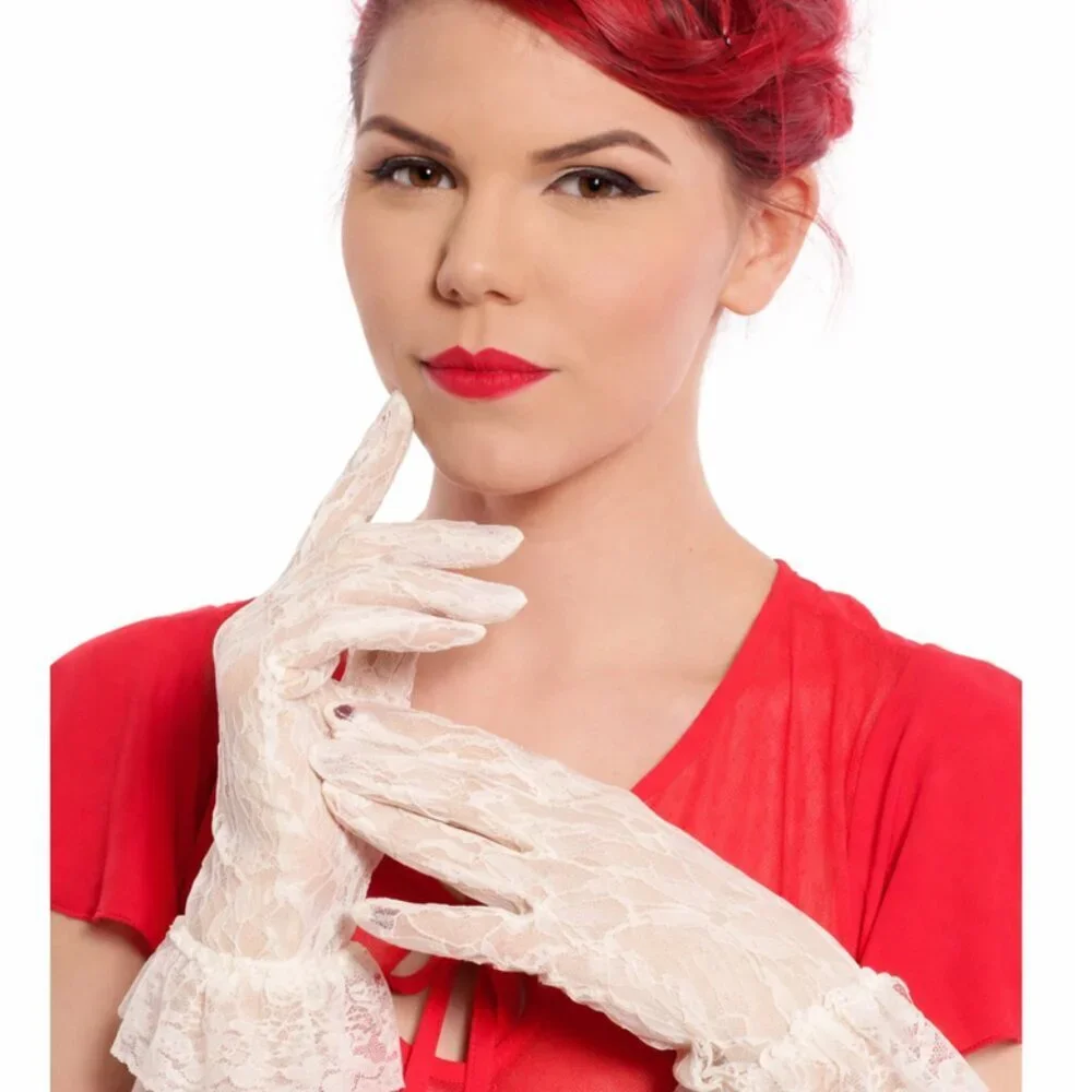 Ivory Lace Gloves Wrist Length w Ruffle Dressy Weddings Party Bridal Prom